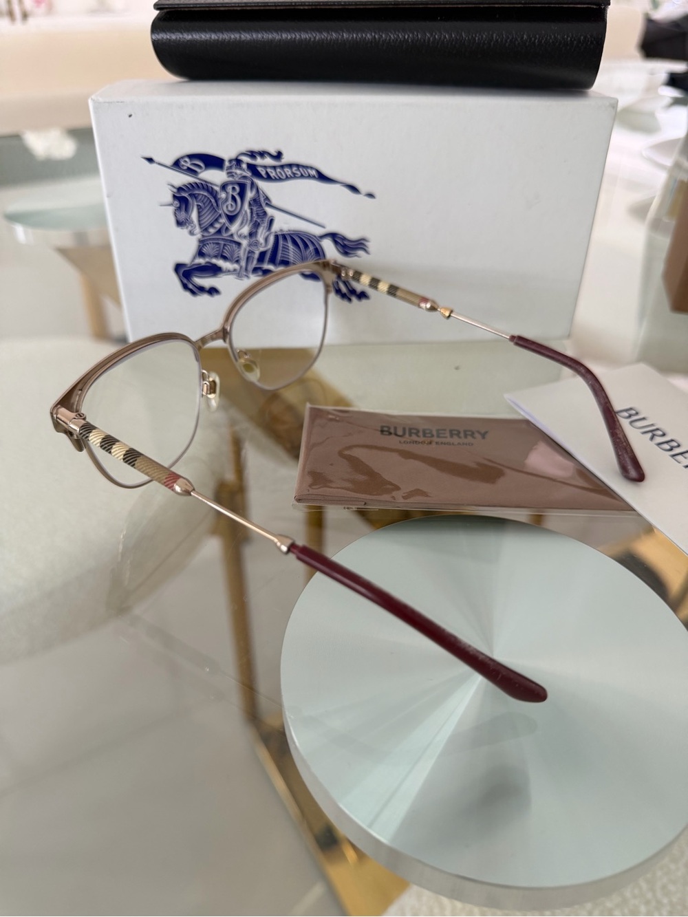 Burberry Semi-Rim Eyeglasses in Burgundy and Gold Tone